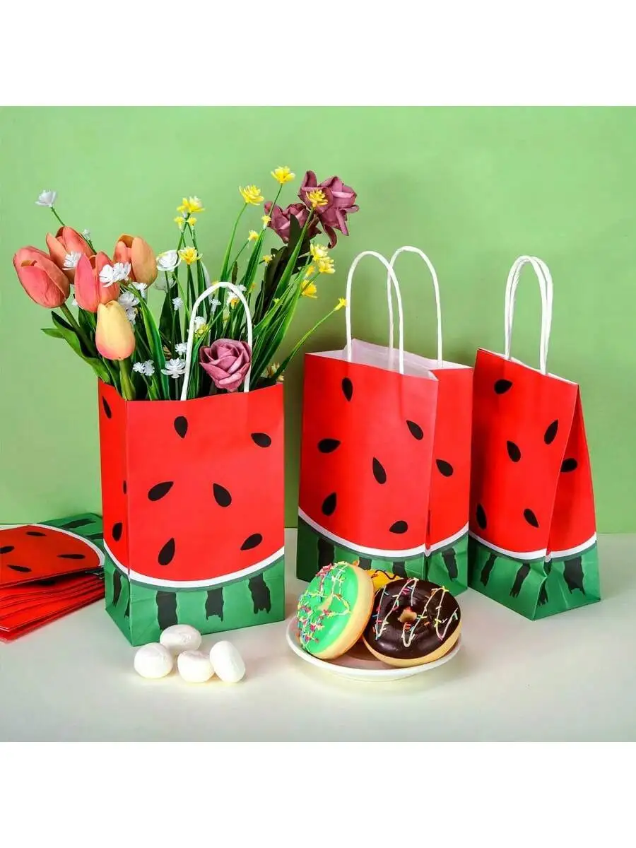 5pcs Cute Cartoon Watermelon Gift Tote Bag, Thickened Tote Kraft Paper Gift Bag, Suitable for Gift Giving, Gift Wrapping Bag