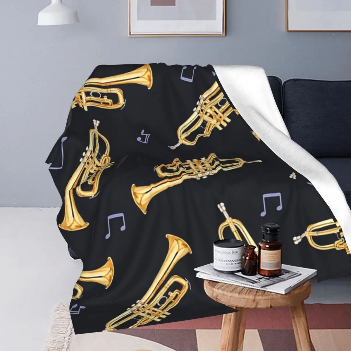 Gold Trumpet On Black Blankets Fleece Portable Throw Blankets Sofa Throw Blanket For Couch Bedding Outdoor Throws Bedspread