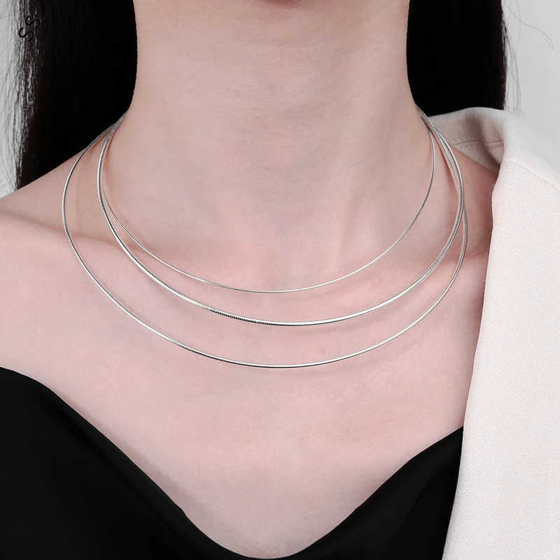 All Body S925 Sterling Silver Chokers Necklace for Male/Female Simple Hard Snake Bone Chain DIY Fashion Ornament Accessories