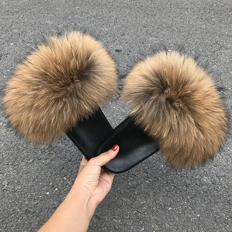 Women Raccoon Fur Slides Slippers Open Toe Slip On Flat Indoor Plush Slippers Home Bedroom Fuzzy Casual Outdoor Comfy Sandle