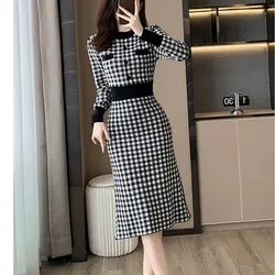 Женское винтажное элегантное тонкое мягкое шифоновое платье, осенне-зимнее модное клетчатое пуловер с круглым вырезом, трикотажные платья