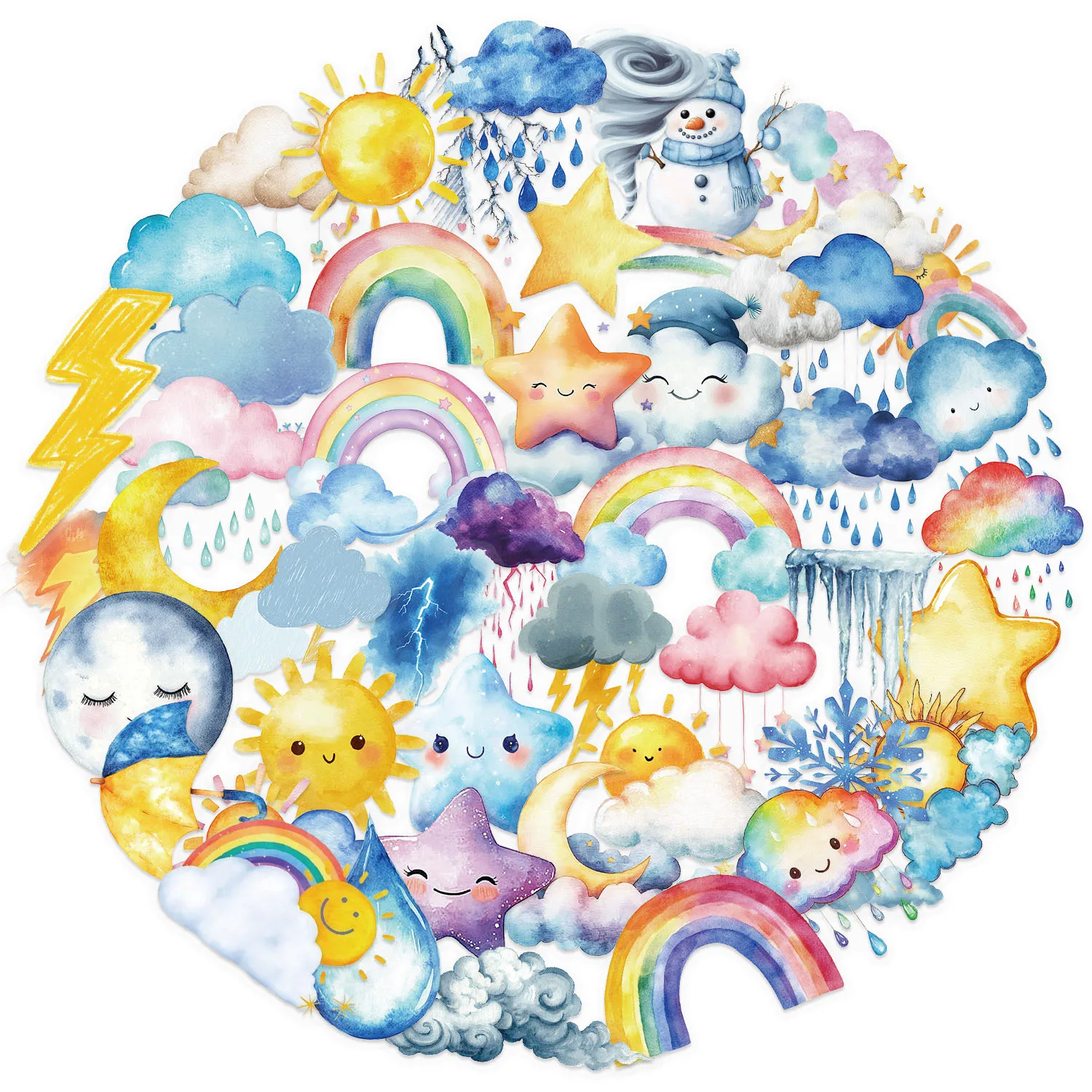 50PCS Watercolor Weather Element PET Transparent Stickers Scrapbook Phone Guitar Laptop Suitcase Waterproof Decals Sticker Toys