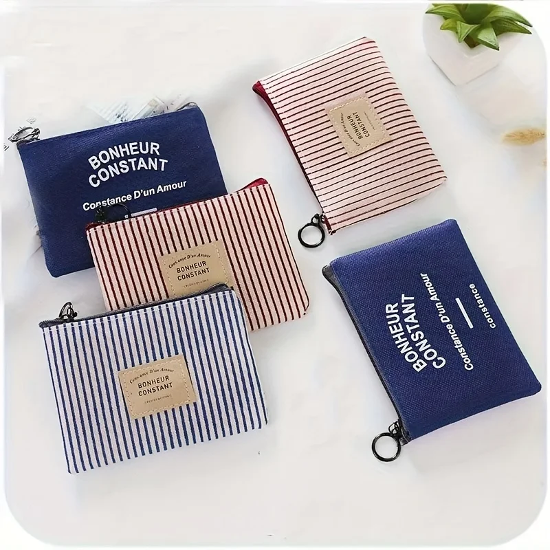 

Fashionable Women's Canvas Coin Purse: Secure Zipper, Solid Color/Striped Trendy Exquisite Mini,Daily Essential and Travel