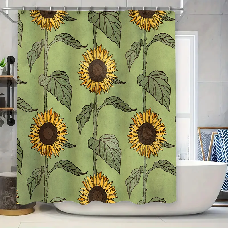 

Vintage Sunflower Shower Curtain with Green Background Decorative Waterproof Fabric for Bathroom Accessories Perfect Gift Idea