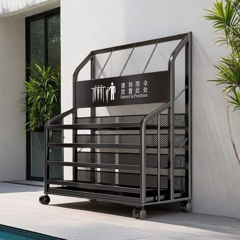 Commercial Iron Umbrella Stand Gray Modern Frame Rack Drip-Containment Bucket Hotel Lobby School Classroom Office Company