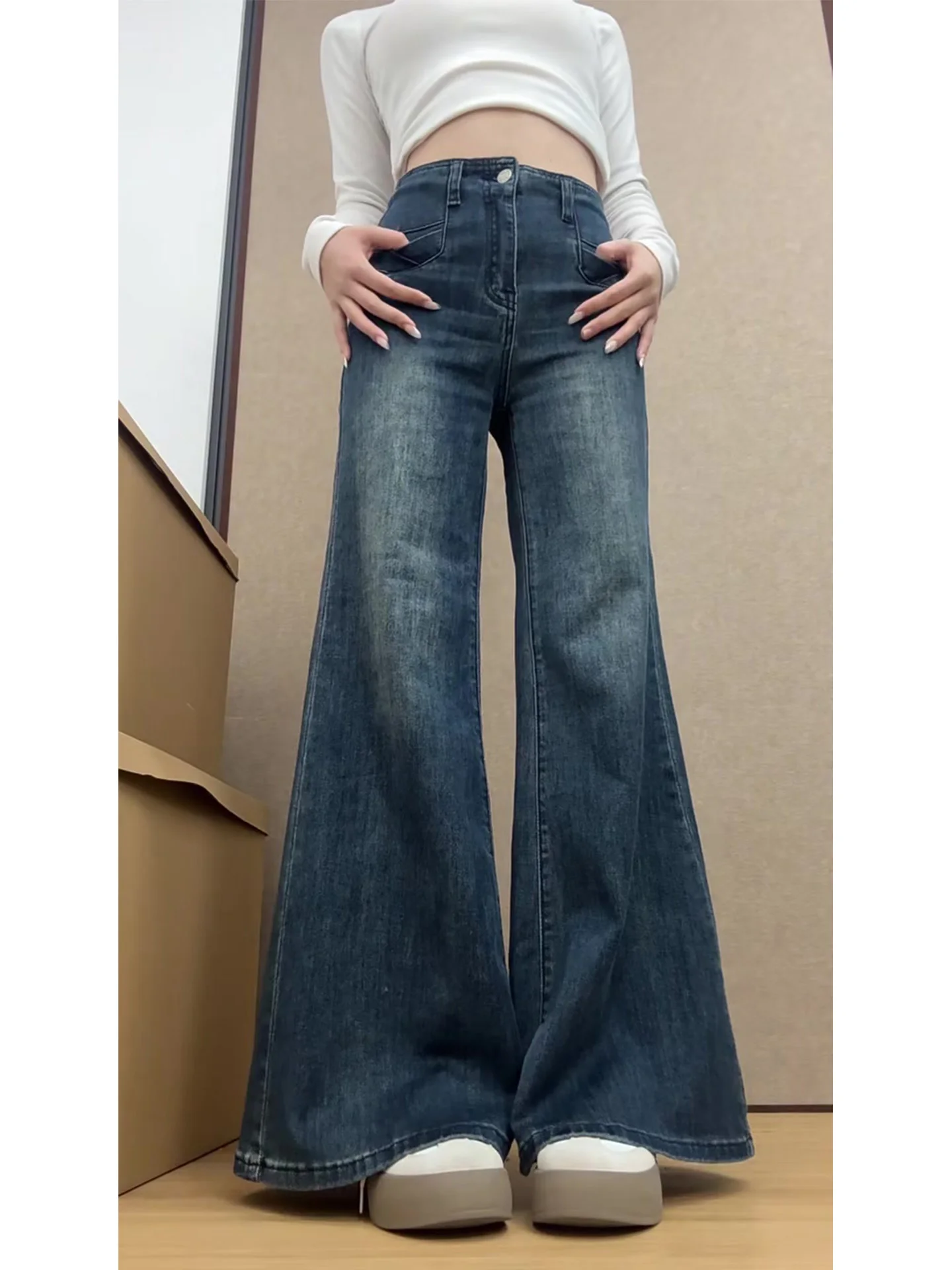 

Blue American Style High Waist Wide Leg Jeans Women's Bootcut Slimming Floor Length Narrow Version Summer New Arrival