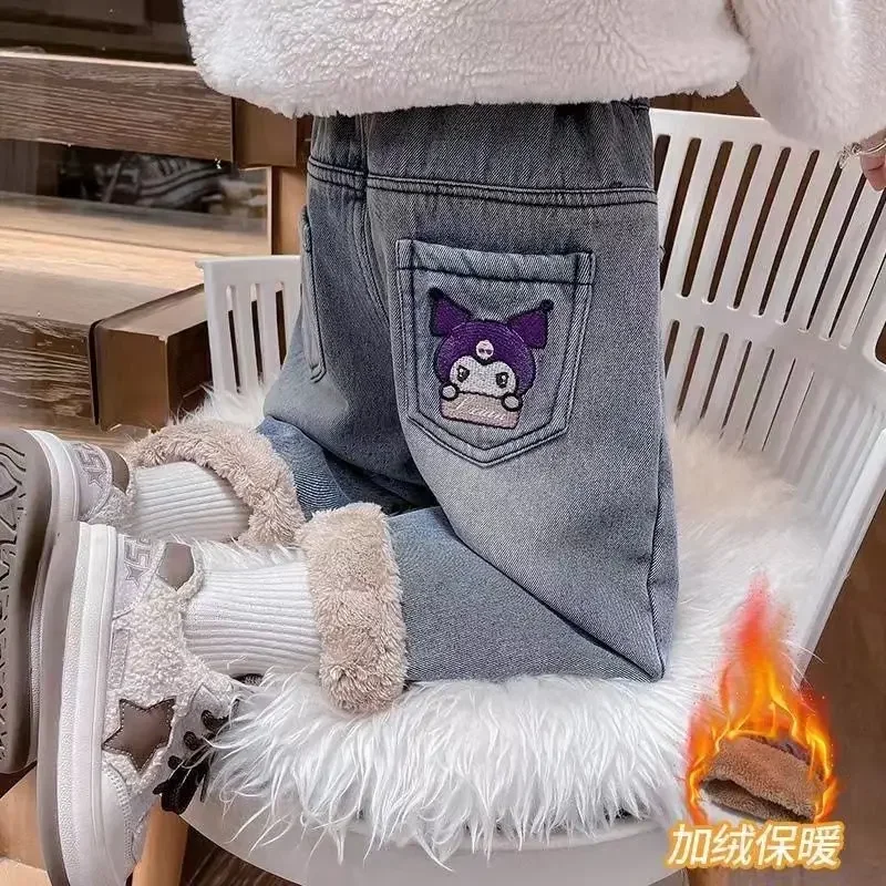 

Kuromi Anime Sanrio Ins Children Fleece Thick Jeans Pants Cute Cartoon Kawaii Warm Casual Trousers Clothing Gifts for Kids