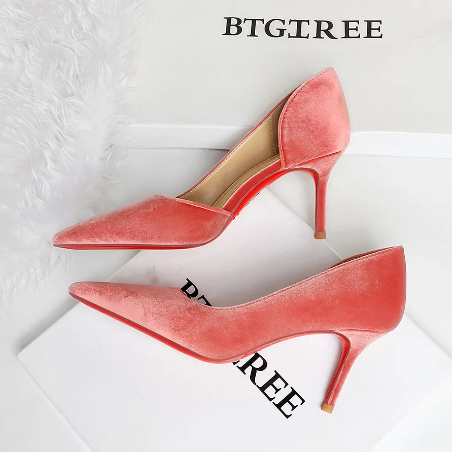 Women Shallow Mouth Side Hollow Flock High Heels Pumps Black Pink Red Stiletto Office Wedding Pointed Toe Single Shoes