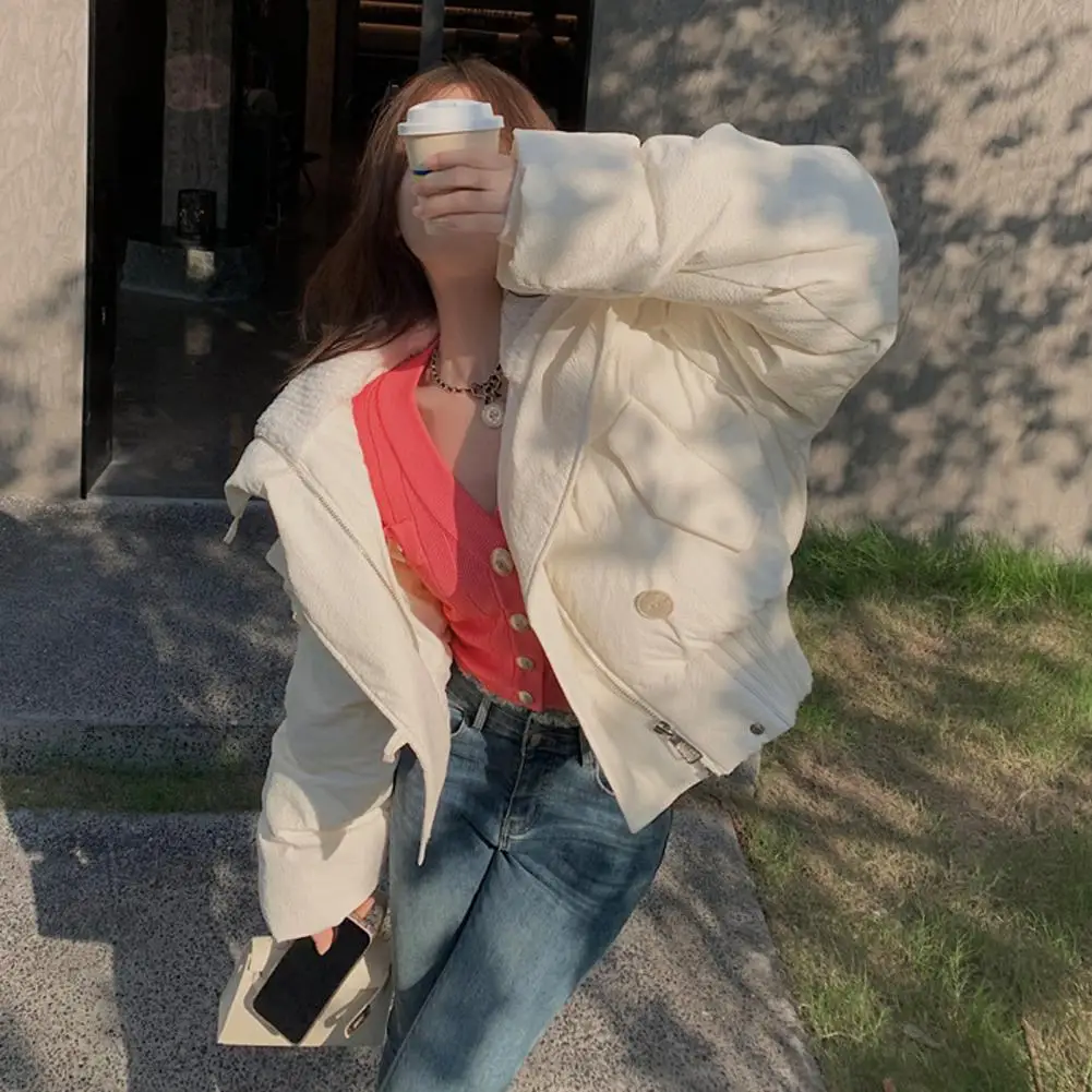 Women Winter Cotton Coat High Collar Neck Protection Windproof Long Sleeves Short Type Jacket Thickened Padded Women Overcoat