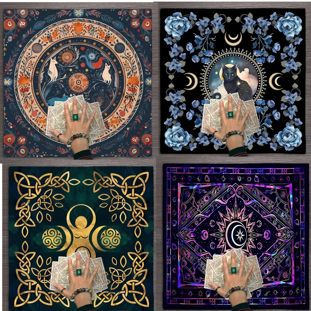 1pc 50x50cm Vintage Blue Compass Circle With White Fox & Peacock Mythical Creatures, Flowers, Moon Phases, Altar Table Cloth