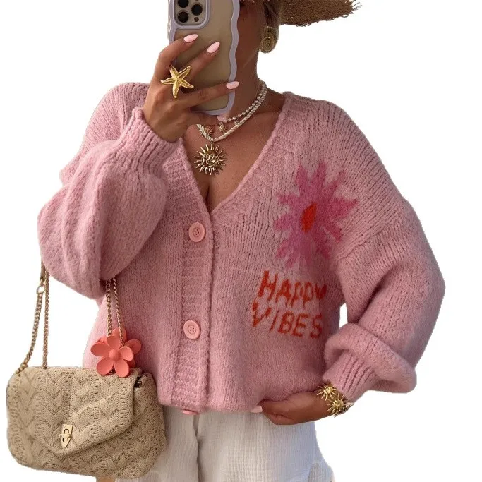 

Pink V-neck Floral Puff Sleeve Knitted Cardigan 006
