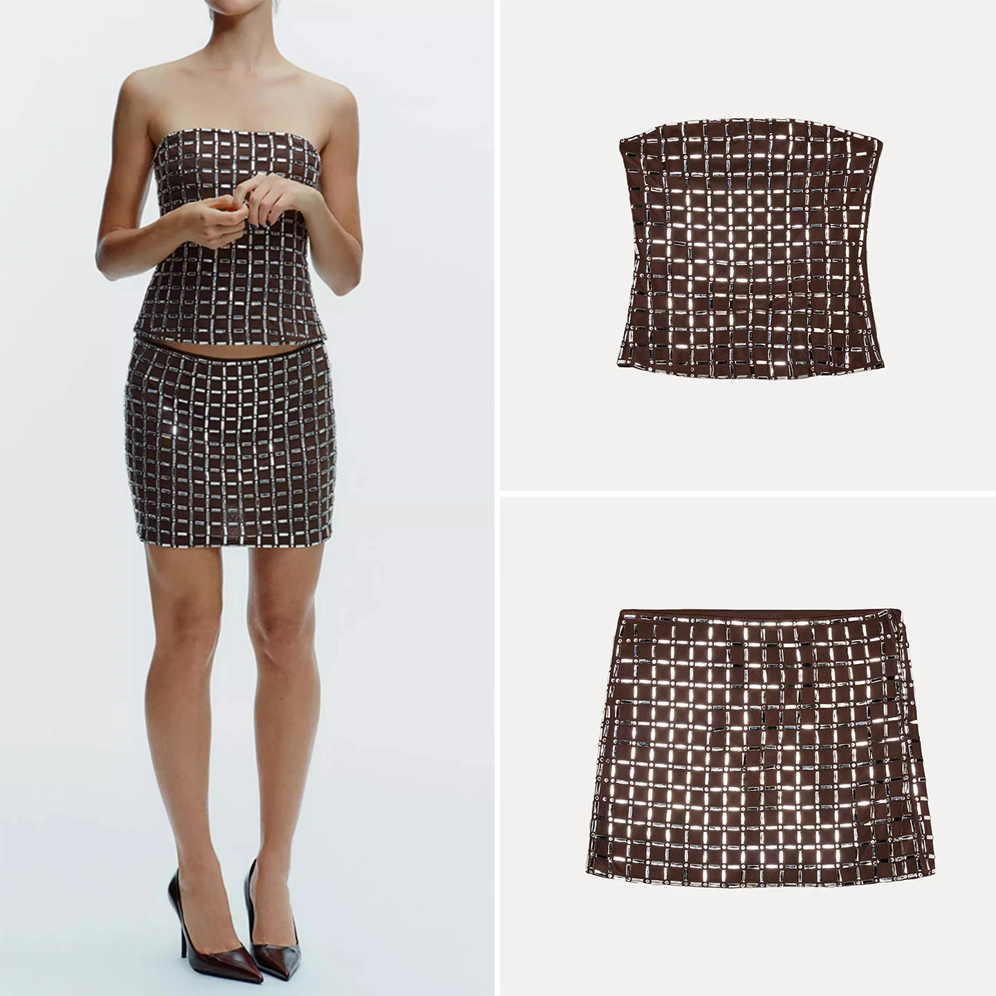 

Зима 2023, женский комплект из топа и юбки с заниженной талией и пайетками, повседневная одежда без рукавов для взрослых, бренд Z