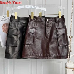 2024 Autumn/Winter New Genuine Leather Skirt for Women High Waist Side Pocket Slim Look Head Layer Sheepskin A-line Mini Jupe