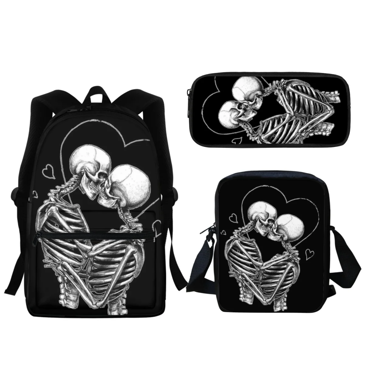 

Black Skull Skeleton Printed Children's School Bag Gothic Style Zipper Boys Girls Backpack 3PC Kindergarten Satchel Pencil Case