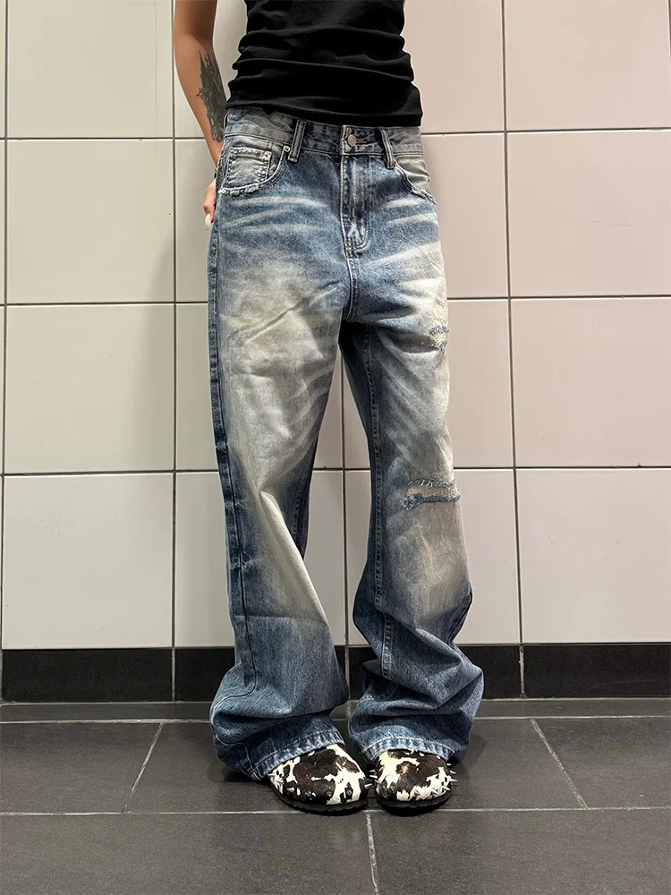 

Large Size American Style Worn out Washed Straight Leg Jeans Women's Loose Slimming Wide Leg Floor Length Trousers