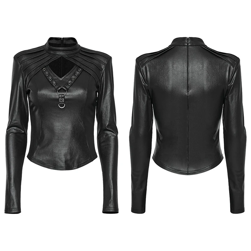 PUNK RAVE Women Punk Faux Leather Long Sleeve Top, Cutout Metal Ring Decor Slim Fit Gothic Black Shirt WT810