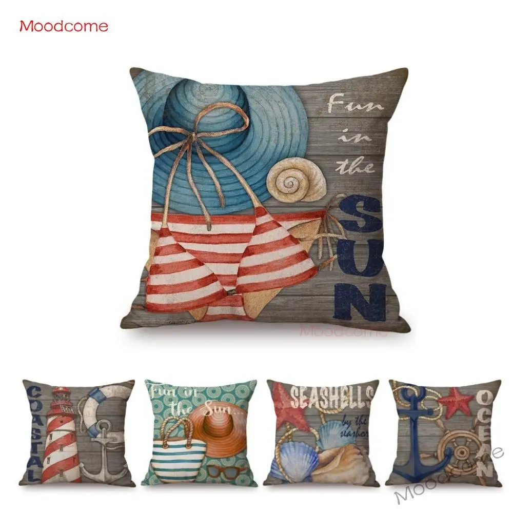 Vintage Summer Beach Time Seashell Anchor Bikini Home Decoration Throw Pillow Case Retro European Oceanic Style Cushion Cover