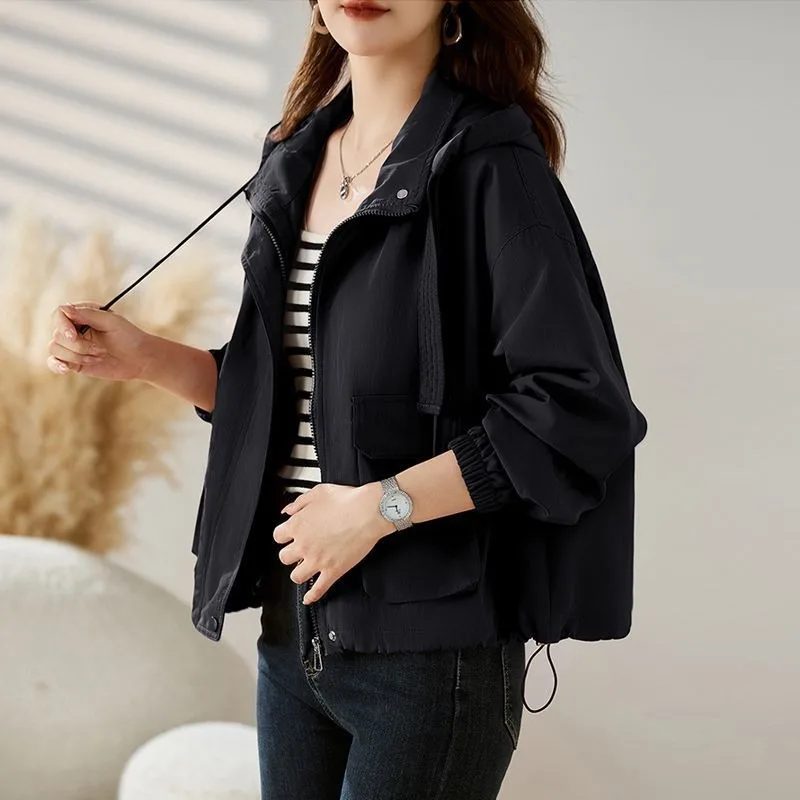 سترة نسائية بلون سادة سترة واقية من الرياح موضة قصيرة فضفاضة على الطراز الغربي كاجوال بقلنسوة #4