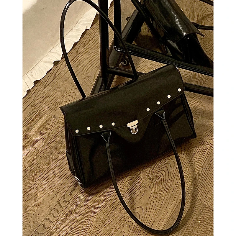 Glossy Patent Leather Shoulder Bag Women Rivet Flap Lock Briefcase Style Large Capacity Handbag High End Daily Black Tote Bag