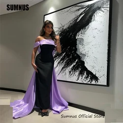 SUMNUS Purple Satin Evening Dresses Off the Shoulder Long Bow Floor Length Party Formal Event Prom Gowns With Train Vestidos De