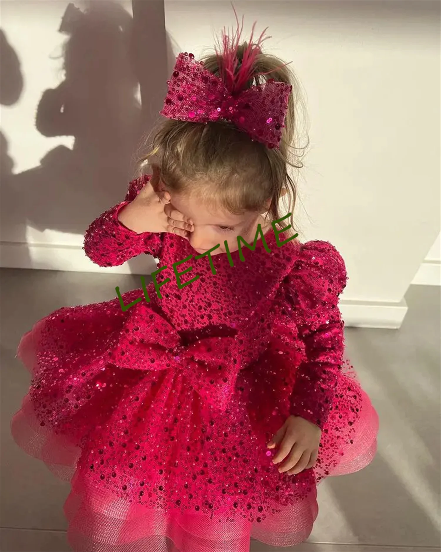 Glitter Red Flower Girl Dresses Girl Dresses Puffy Little Girl Dress Sparkly Princess Dress Baby First Communion Bow Christmas