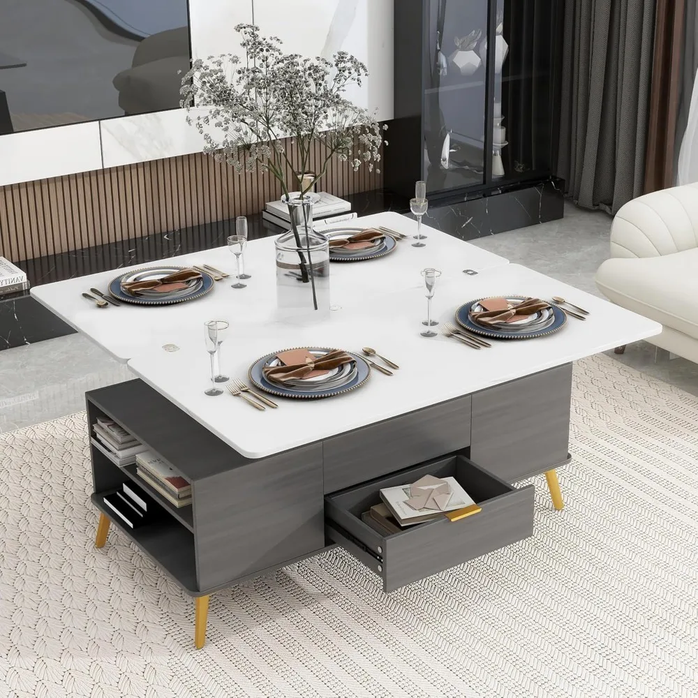 

Modern Marbling Coffee Table Multi Functional Table with Open Drawers,Adjustable Height and extendable Desktop, Suitable for Li