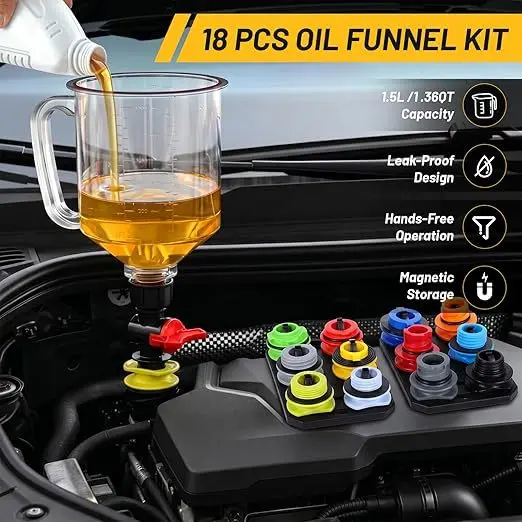 18-Piece Engine Oil Funnel Set,1.36 Qt Automotive Oil Funnel Kit with 12 Adapters, Elbow Fitting, Arrow Screen Magnetic Storage