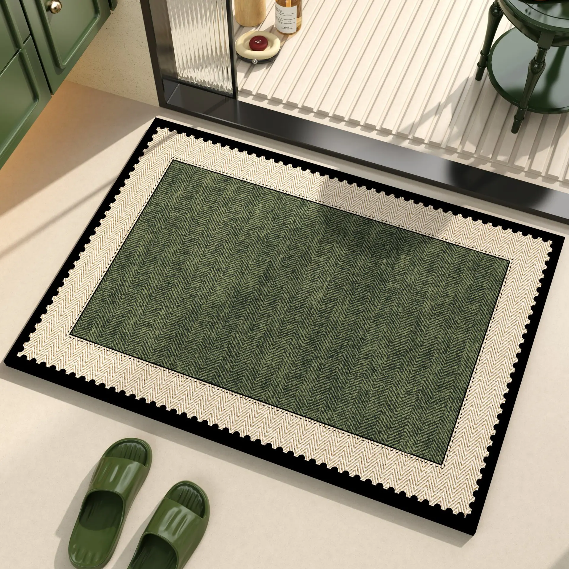 Home Decor Minimal - 다크 그린 헤링본 스캘럽 트림 도어매트,