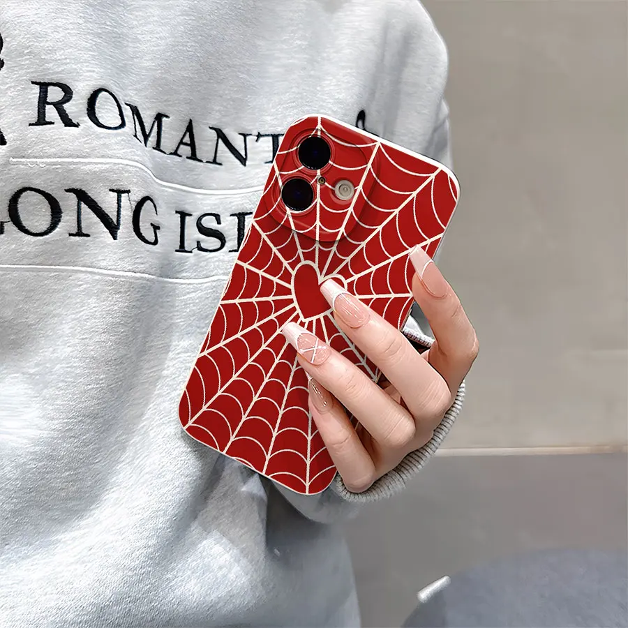 حافظات هاتف منقوشة على شكل شبكة عنكبوت على شكل قلب لهاتف iPhone 17 إلى 11 Pro Max Plus