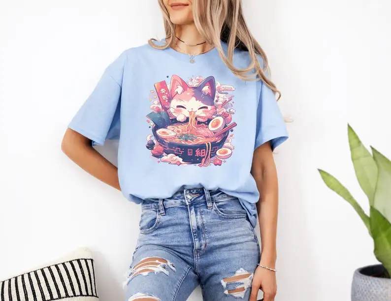 Pastel Goth Ramen Cat Tee, Yami Kawaii Shirt, Alternative Clothing, Japanese Foodies Shirt