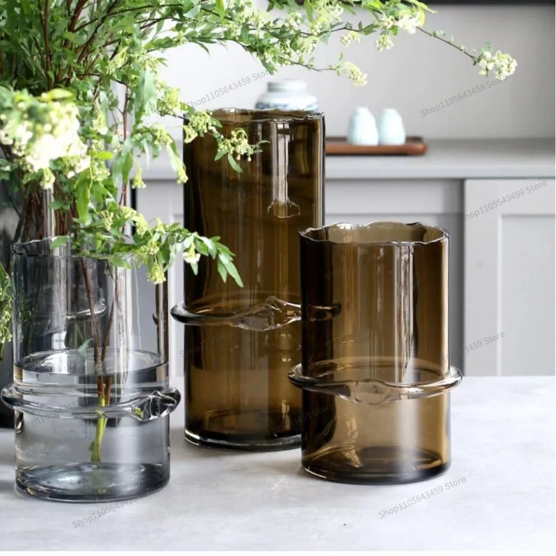 For modern simple brown irregular mouth silk winding straight dining table surface light luxury transparent vase decoration