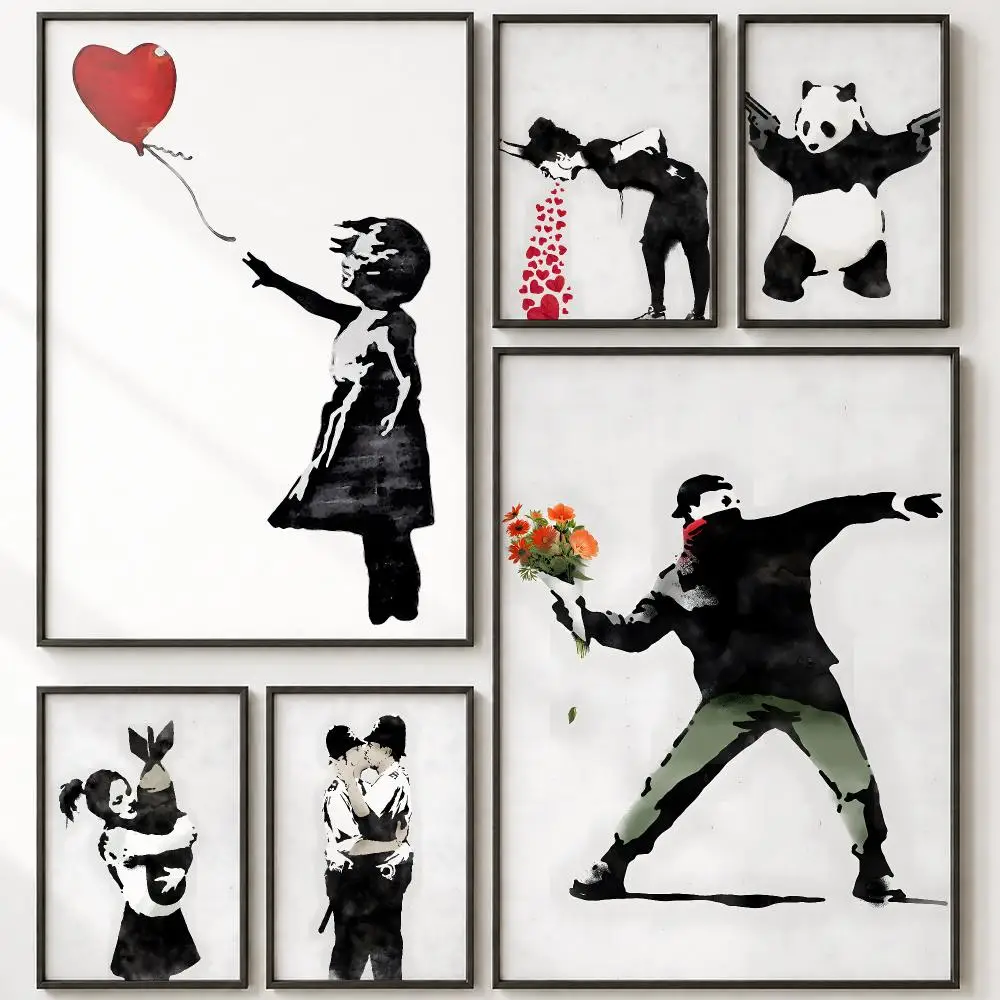 Famous Pretty Simple Art B-banksy Poster High-Definition With Textured Finish Modern Style For Hallway Wall Art Decor
