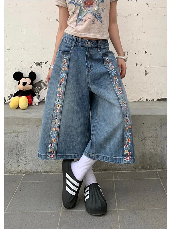

Retro American Floral Print Denim Jeans Women's Summer New Street Spicy Loose Five-Point Shorts Wide Leg Casual Jeans