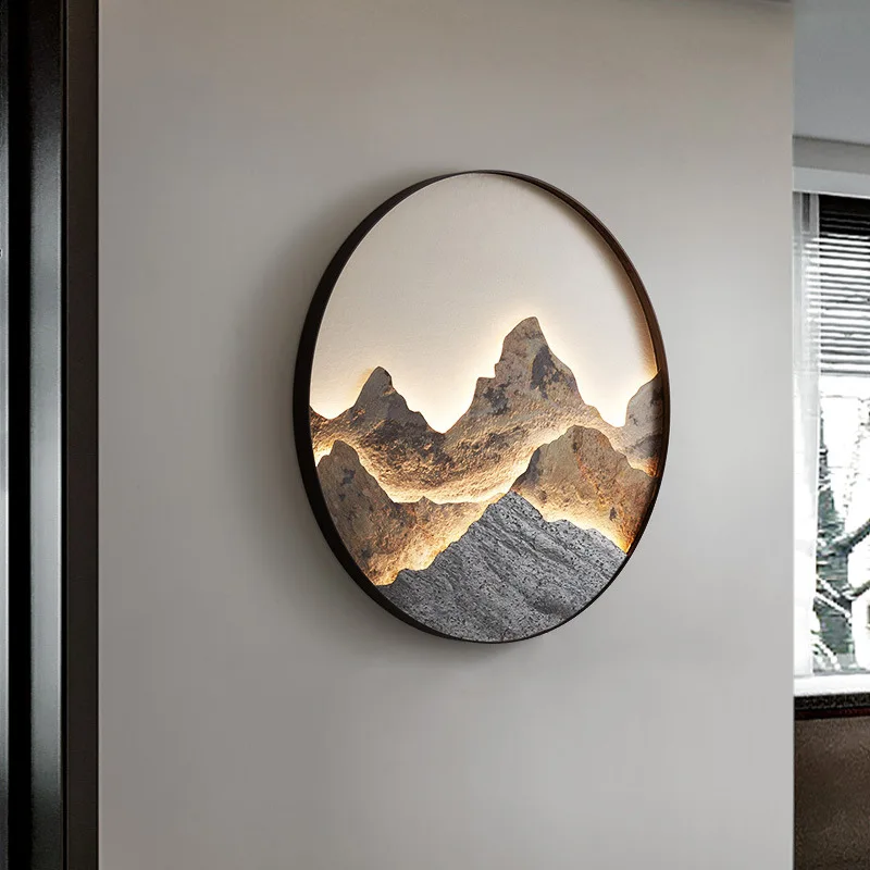 Modern Luxury Mural Lamp, Chinoiserie Zen Porch Lamp, Round Living Room Landscape Lamp, TV Background Wall Mural Lamp