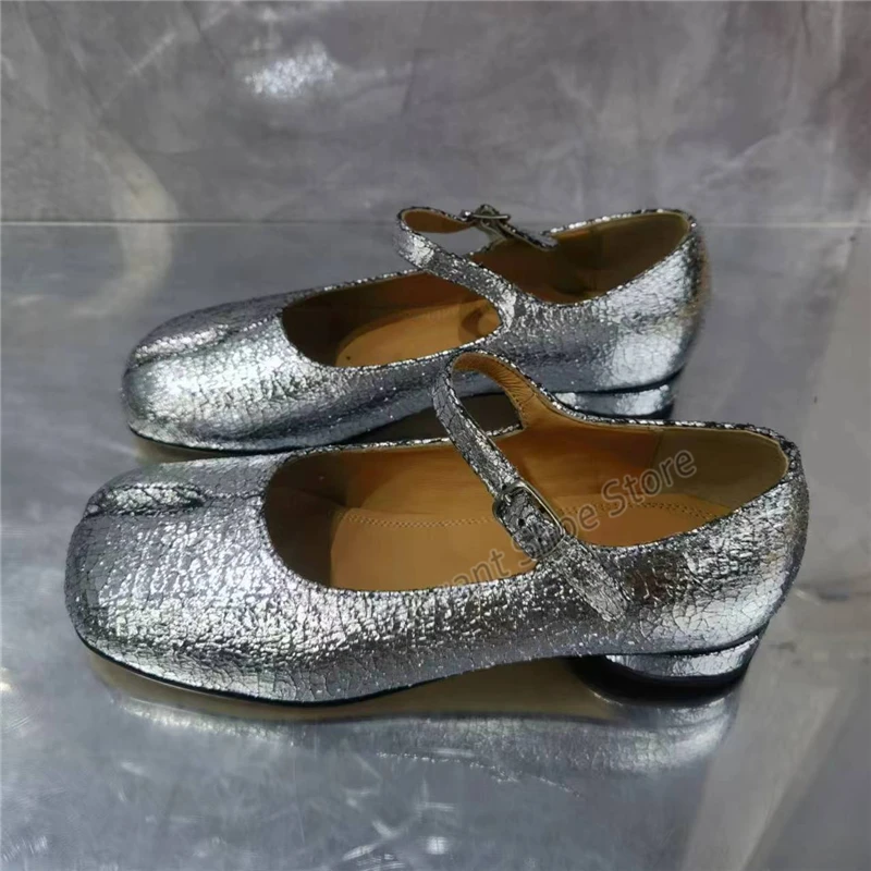 Split Teen Damesschoenen Bling Zilver Lage Hak Pumps Nieuwigheid Effen Kleur Casual Schoenen Zomer Hoge Kwaliteit Lederen Mary Jane Schoenen