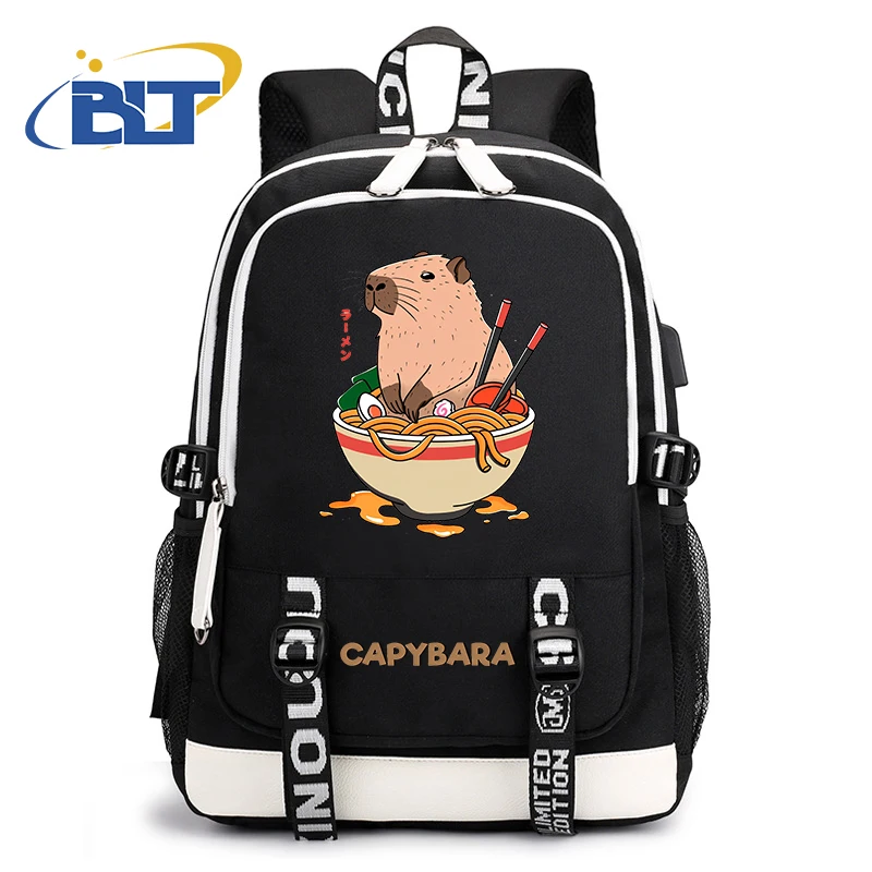 Cute Animal Capybara Printed Student Schoolbag Youth USB Backpack Black Travel Bag Kids Gift