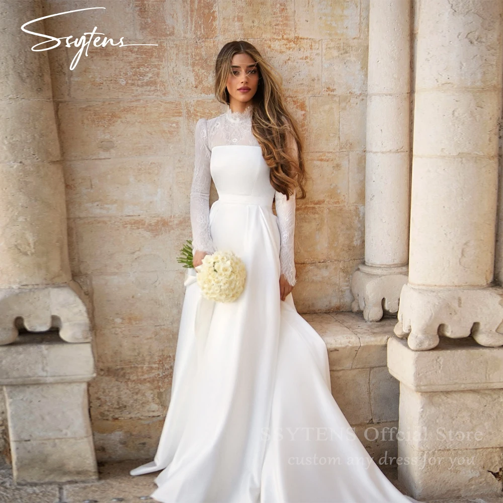 

SSYTENS Classic Women Wedding Dresses Ivory Long A Line Robes De Soirée Strapless Sexy Sheer Long Sleeves Bridal Gown Customized