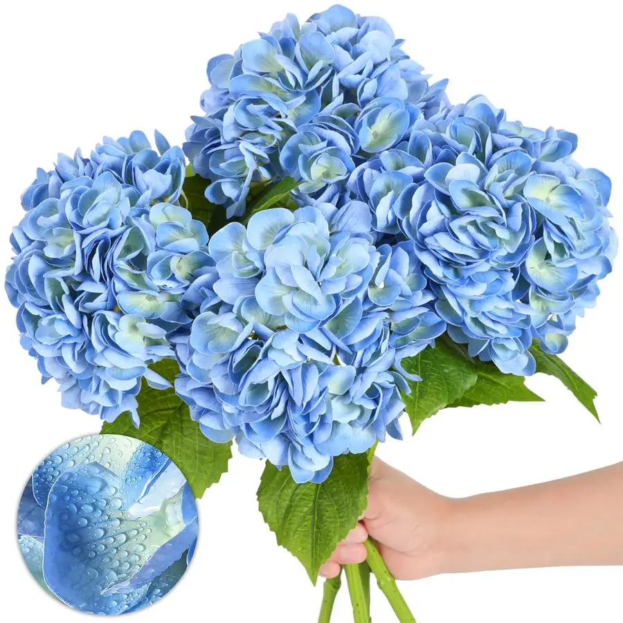 

4 шт. искусственных цветов гортензии синего цвета, 22,5 дюйма, из латекса, реалистичные на ощупь, большие цветы гортензии с длинными стеблями и листьями для дома