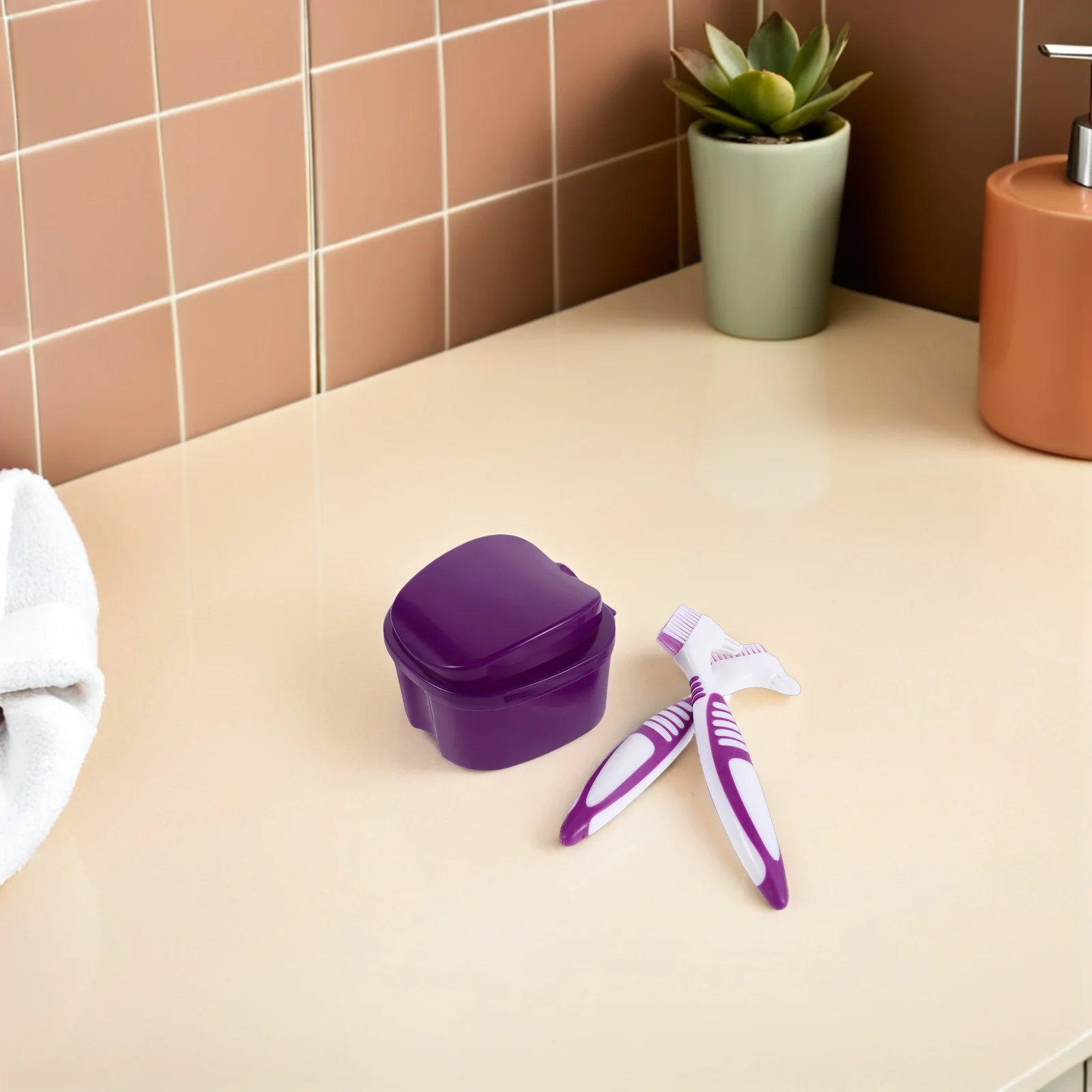 1 مجموعة طقم العناية بالأسنان الأرجواني مزدوج الوجهين تنظيف فرشاة كاذبة الأسنان صندوق تخزين السفر طقم أسنان الأقواس المنظم نقع