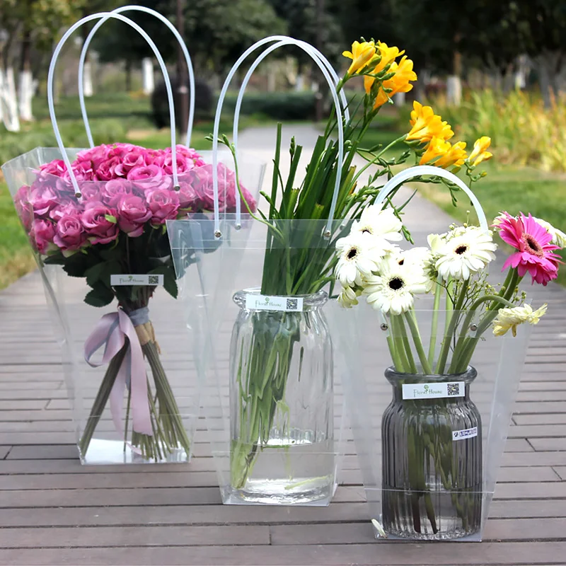 Mothers Day Transparent Portable Flower Box Bouquet PET Packaging Bag With Handle Gift Container Handbag Wedding Party Decor 1PC