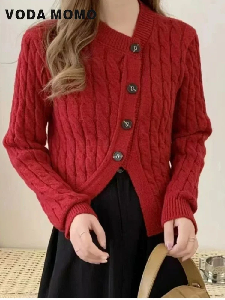 

Корейский повседневный ретро свободный однотонный вязаный свитер с воротником-стойкой, кардиган, топы, женский весенне-осенний трикотаж, женский новый