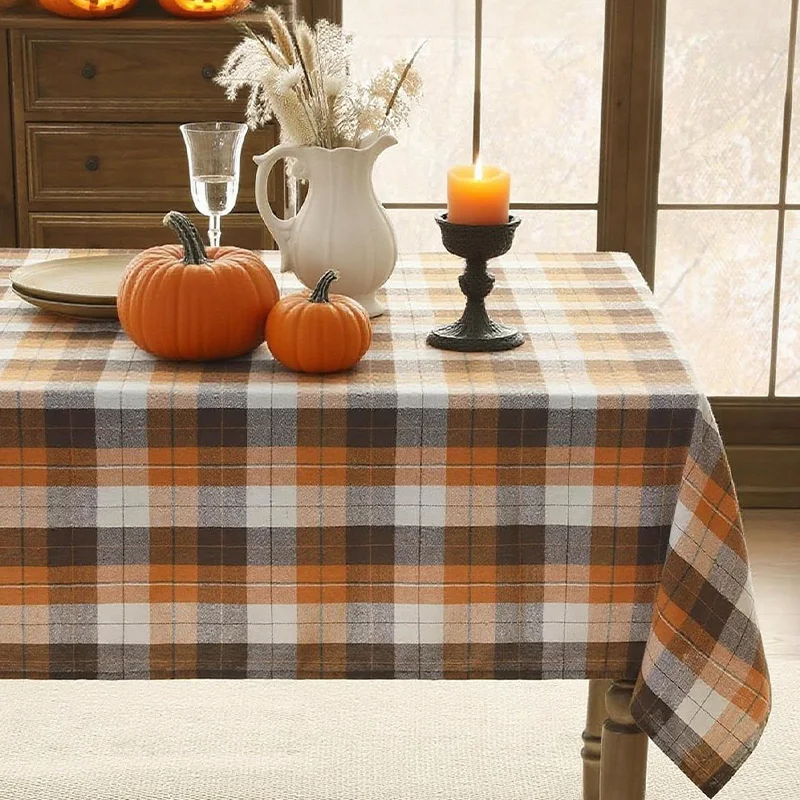 مفرش طاولة مستطيل منقوش مربع للخريف للهالوين لعيد الشكر باللون البني للمطعم والمطبخ والحفلات والديكور اليومي