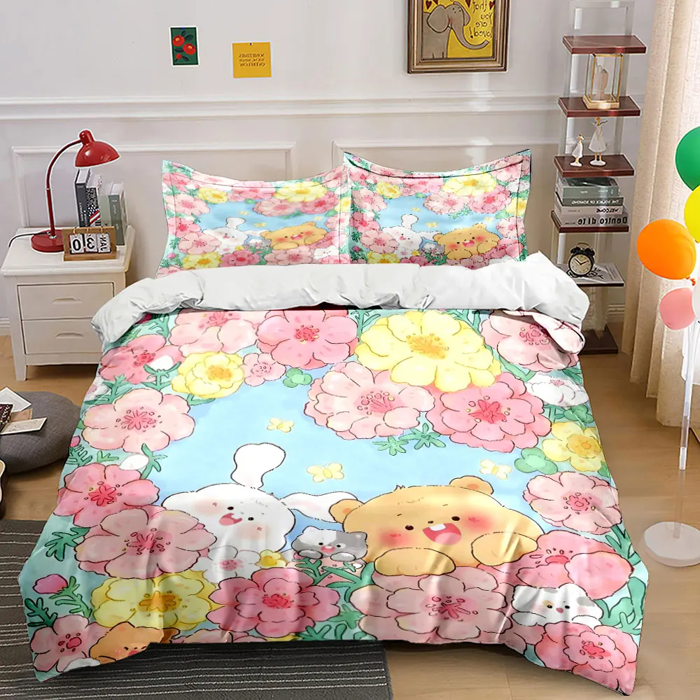 Cute animals amidst colorful flowers Pattern Duvet Cover Set Digital Print Colorful Polyester Bedding with Zipper Closur