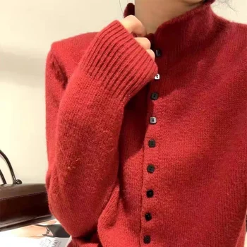 New Soft Comfortable Stand-Up Collar Sweater Cardigan Women Simple Single Breasted Cardigans Coat Autumn Solid Knitted Outerwear 4