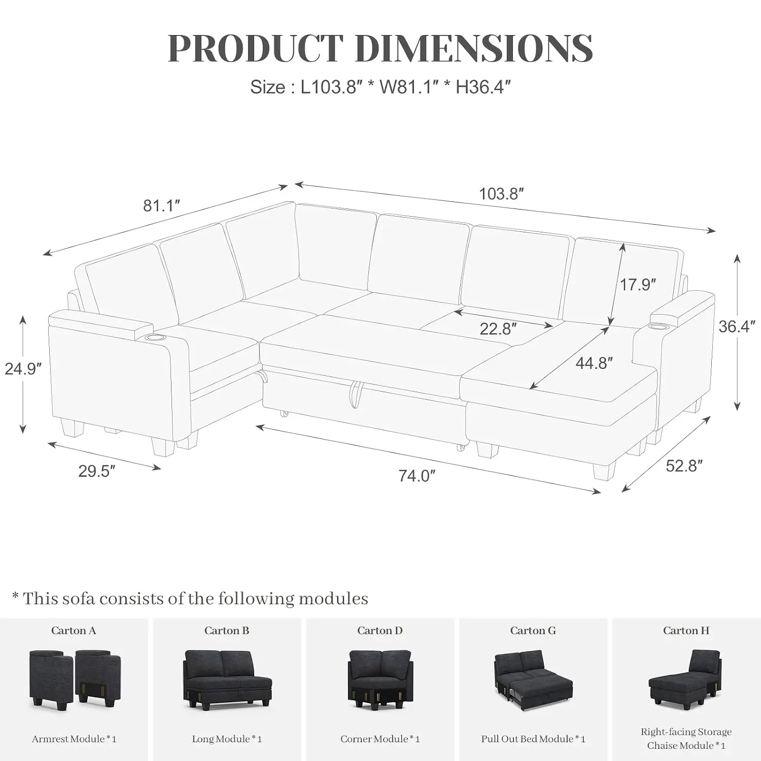 Modular Sleeper Sofa Sectional Pull Out Bed with Storage Chaise for Living Room, Customized