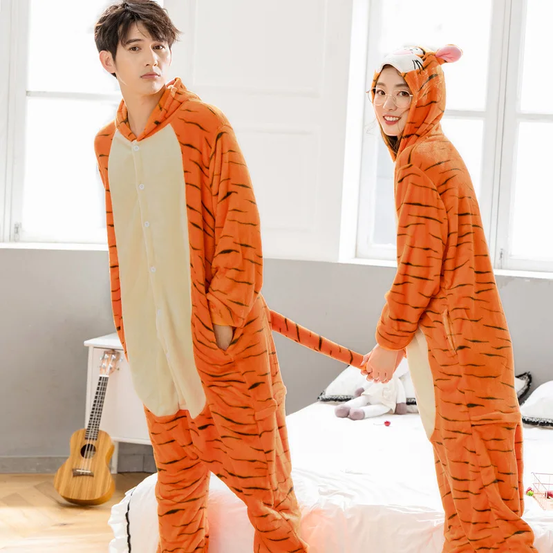 Unisex inverno uma peça dos desenhos animados pijamas de tigre com duas orelhas redondas poliéster fino quente magro bonito confortável sleepwear