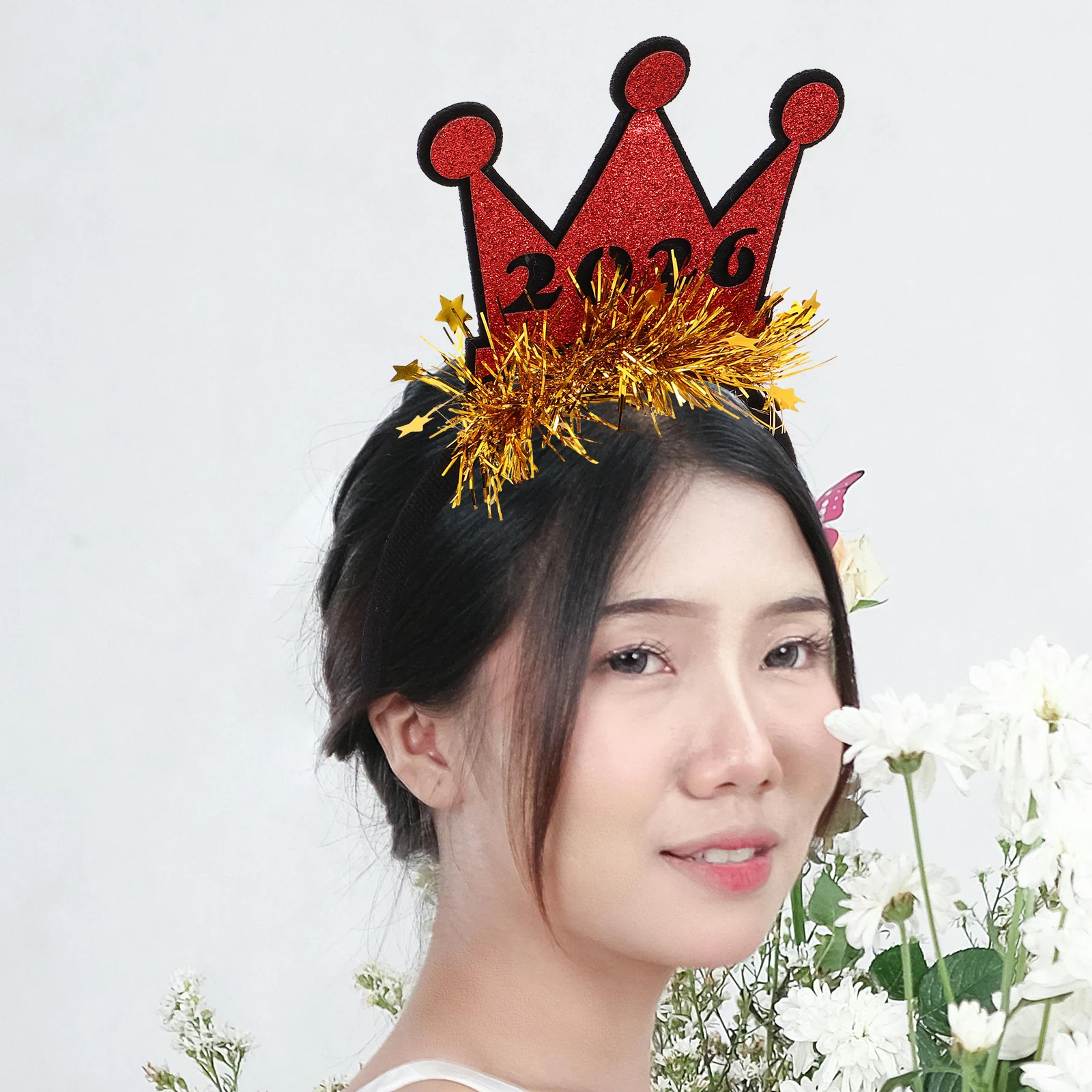 

4pcs New Year Party Headband Glitter Tinsel Hair Hoops 2026 Festive Photo Prop Accessories For Nye Events Holiday Pompom