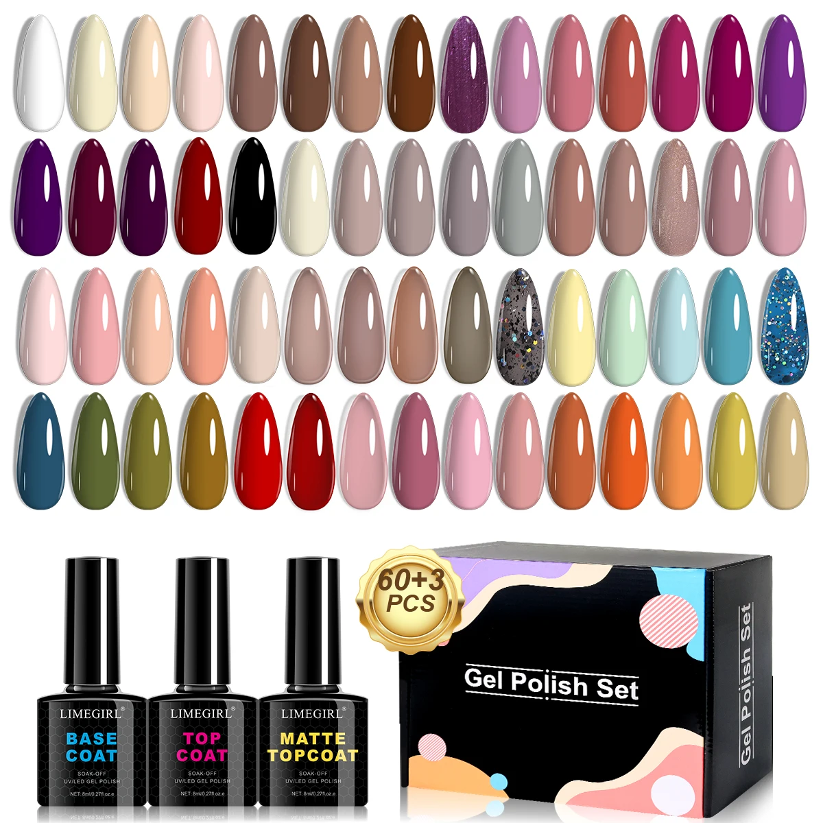LIMEGIRL 63個入りジェルネイルポリッシュセット 8ml UV/LEDセミパーマネントソークオフジェル バーニッシュ ベースコート＆トップコート ネイルアートジェルキット