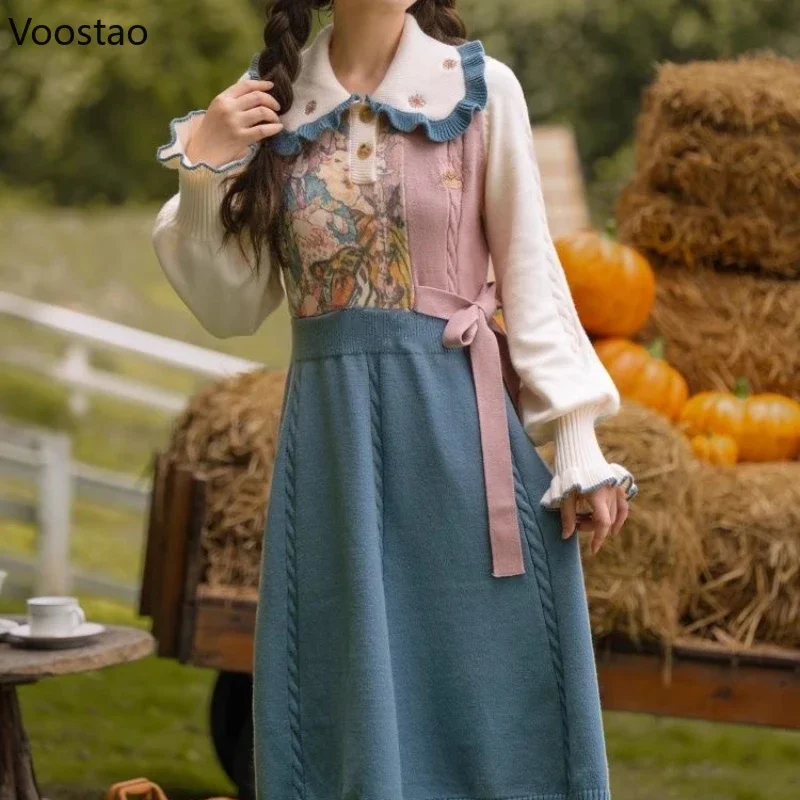 Mori Girl Style Sweet Knitted Dress Women Vintage Cartoon Oil Painting Sweater Dresses Autumn Winter Female Elegant Lolita Dress