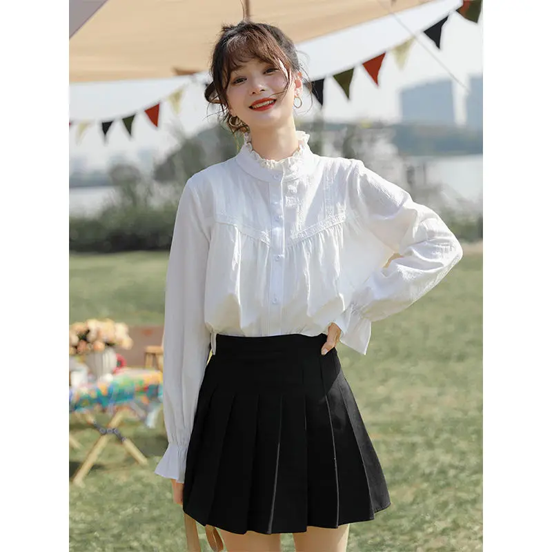 Ruffles Shirts and Blouses Korea Solid Women Shirt Long Sleeve Top Female Autumn Fashion Blouse 2024 Button White Clothes New